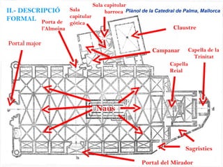 Portal major Naus Portal del Mirador Porta de l’Almoina Capella Reial Capella de la  Trinitat Sagristies Sala capitular  barroca Sala capitular gótica Claustre Campanar Plànol de la Catedral de Palma, Mallorca II.-  DESCRIPCIÓ FORMAL 