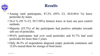 Results
• Among total participants, 87.2% (95% CI, 84.8-89.6 %) knew
pesticides by name.
• 54.4 % (95 % CI, 50.7-58%) farmers knew at least one pest control
methods.
• Majority (53.7%) of the participants had positive attitudes towards
safe use of pesticides.
• 89.6% participants had ever used pesticides and 81.7% had used
pesticides for more than 3 years.
• Only 46.3% of respondents disposed empty pesticide containers and
12.6% reused them for storage of food items.
12/16/2020 24Usha Nepal
 