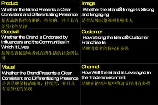 Image Whether the Brand’s Image Is Strong and Engaging 是否品牌形象够强且吸引人 Customer How Strong the Brand’s Customer Franchise Is 品牌消费者的特权有多强 Channel How Well the Brand Is Leveraged in the Trade Environment 品牌在销售环境中的调节作用有多强 Product Whether the Brand Presents a Clear Consistent and Differentiating Presence 是否品牌保持清晰的、持续的，并且具有 差异化的呈现 Visual Whether the Brand Presents a Clear Consistent and Differentiating Presence 是否品牌保持清晰的、持续的，并且具有差异化的呈现 Goodwill   Whether the Brand Is Endorsed by Influencers and the Communities in Which It Lives   品牌是否被影响者或在所生活的社会所认可 