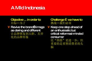 A Mild Indonesia Objective ... in order to  目标…为了 Revive the brand’s image as daring and different   让品牌恢复到大胆、差异化的品牌形象 Challenge …we have to 挑战…我们必须 Keep one step ahead of an enthusiastic but critical reformasi-minded consumer   比“热情”更进一步，但重要的是重塑消费者的头脑 