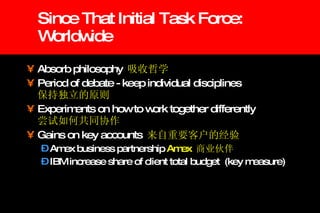Since That Initial Task Force: Worldwide Absorb philosophy  吸收哲学 Period of debate - keep individual disciplines   保持独立的原则 Experiments on how to work together differently   尝试如何共同协作 Gains on key accounts  来自重要客户的经验 Amex business partnership  Amex  商业伙伴 IBM increase share of client total budget  (key measure)  