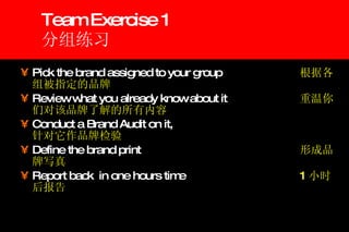 Team Exercise 1 分组练习 Pick the brand assigned to your group 根据各组被指定的品牌 Review what you already know about it 重温你们对该品牌了解的所有内容 Conduct a Brand Audit on it,  针对它作品牌检验 Define the brand print 形成品牌写真 Report back  in one hours time 1 小时后报告 