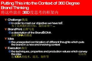 Putting This into the Context of 360 Degree Brand Thinking 将这些放在 360 度思考的框架内 Challenge 挑战 In order to meet our objective we have to… 为了达到我们的目标，我们必须… ... BrandPrint 品牌写真 a description of the Brand’s DNA 品牌 DNA 的描述 Idea the unexpected combination of different thoughts which puts the brand in a new and involving context Execution 执行 the techniques, properties and production values which convey the idea 可以传达 IDEA 的技术、道具、制作等 