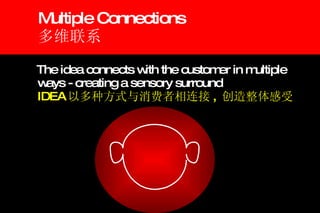 Multiple Connections 多维联系 The idea connects with the customer in multiple ways - creating a sensory surround IDEA 以多种方式与消费者相连接 ,  创造整体感受 