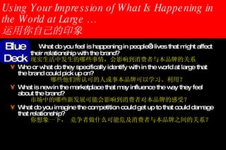 Using Your Impression of What Is Happening in the World at Large … 运用你自己的印象 What do you feel is happening in people’s lives that might affect  their relationship with the brand? 现实生活中发生的哪些事情，会影响到消费者与本品牌的关系 Who or what do they specifically identify with in the world at large that the brand could pick up on? 哪些他们所认可的人或事本品牌可以学习、利用？ What is new in the marketplace that may influence the way they feel about the brand? 市场中的哪些新发展可能会影响到消费者对本品牌的感受？ What do you imagine the competition could get up to that could damage that relationship? 你想象一下， 竞争者做什么可能危及消费者与本品牌之间的关系？ Blue Deck 