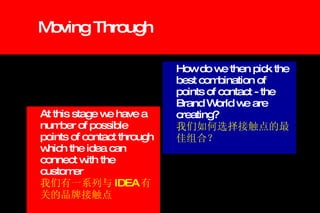 Moving Through At this stage we have a number of possible points of contact through which the idea can connect with the customer   我们有一系列与 IDEA 有关的品牌接触点 How do we then pick the best combination of points of contact - the Brand World we are creating?   我们如何选择接触点的最佳组合？ 