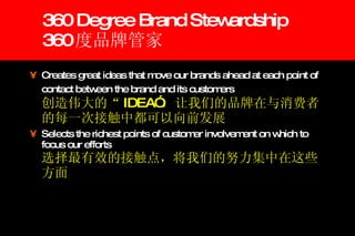 360 Degree Brand Stewardship 360 度品牌管家  Creates great ideas that move our brands ahead at each point of contact between the brand and its customers   创造伟大的“ IDEA” ，让我们的品牌在与消费者的每一次接触中都可以向前发展 Selects the richest points of customer involvement on which to focus our efforts 选择最有效的接触点，将我们的努力集中在这些方面 