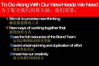 To Go Along With Our New Heads We Need 为了配合我们的新头脑，我们需要： Stimuli to provoke new thinking 激发新思维的工具 New ways of working together that   新的协作方式 use the full resources of the Brand Team   运用品牌团队的所有资源 avoid wheel-spinning and duplication of effort 避免重复劳动 maximise our creativity 最大化我们的创造力 