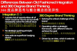 Differences Between Old Fashioned Integration and 360 Degree Brand Thinking 360 度品牌思考与整合概念的差异性 Integration 整合 Laundry list of opportunities all of which would be nice to do but don’t necessarily solve the critical issue  罗列所有的机会点，有些可能还不错，但并不是解决关键问题所需要的 No strategic guiding principle   没有策略指导原则 Idea acts as superficial badging device   IDEA 仅作为表面的东西 360 Degree Brand Thinking Solving the critical challenge of the brand   解决品牌面临的主要挑战 Operating within a strategic framework, with different roles to achieve the goal   在策略框架下运作，从不同角度达到目的 Driven by an idea, which it extends  以可延伸的 IDEA 为指导 