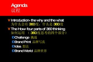 Agenda 议程 Introduction- the why and the what 为什么会有 360 度，什么是 360 度 The How- four parts of 360 thinking 如何运用 （ 360 度思考的四个部分） Challenge   挑战 Brand Print  品牌写真 Idea  想法 Brand World   品牌世界 