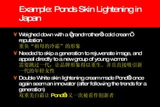 Example: Ponds Skin Lightening in Japan Weighed down with a ‘grandmother’s cold cream’ reputation   重负“祖母的冷霜”的形象 Needed to skip a generation to rejuvenate image, and appeal directly to a new group of young women   需要跳过一代，让品牌形象得以重生。并且直接吸引新一代的年轻女性 Double White skin lightening cream made Pond’s once again seem an innovator (after following the trends for a generation)   双重美白霜让 Pond’s 又一次被看作创新者 