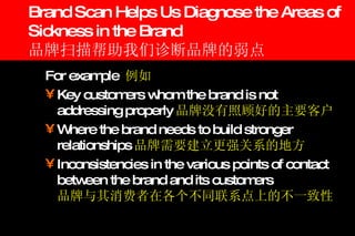 Brand Scan Helps Us Diagnose the Areas of Sickness in the Brand 品牌扫描帮助我们诊断品牌的弱点 For example  例如 Key customers whom the brand is not addressing properly 品牌没有照顾好的主要客户 Where the brand needs to build stronger relationships 品牌需要建立更强关系的地方 Inconsistencies in the various points of contact between the brand and its customers 品牌与其消费者在各个不同联系点上的不一致性 