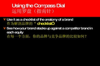 Using the Compass Dial 运用罗盘（指南针） Use it as a checklist of the anatomy of a brand   作为解剖品牌的“ checklist” See how your brand stacks up against a competitor brand in each equity   在每一个方面，你的品牌与竞争品牌的比较如何？ 