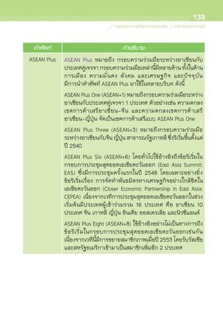 139
คำศัพท์ คำอธิบาย
ASEAN Plus ASEAN Plus หมายถึง กรอบความร่วมมือระหว่างอาเซียนกับ	
ประเทศคู่เจรจากรอบความร่วมมือเหล่านี้มีหลายด้านทั้งในด้าน	
การเมือง ความมั่นคง สังคม และเศรษฐกิจ และปัจจุบัน
มีการนำคำศัพท์ ASEAN Plus มาใช้ในหลายบริบท ดังนี้
ASEAN Plus One (ASEAN+1) หมายถึงกรอบความร่วมมือระหว่าง
อาเซียนกับประเทศคู่เจรจา 1 ประเทศ ตัวอย่างเช่น ความตกลง
เขตการค้าเสรีอาเซียน-จีน และความตกลงเขตการค้าเสรี	
อาเซียน-ญี่ปุ่น จัดเป็นเขตการค้าเสรีแบบ ASEAN Plus One
ASEAN Plus Three (ASEAN+3) หมายถึงกรอบความร่วมมือ	
ระหว่างอาเซียนกับจีนญี่ปุ่นสาธารณรัฐเกาหลีซึ่งริเริ่มขึ้นตั้งแต่	
ปี 2540
ASEAN Plus Six (ASEAN+6) โดยทั่วไปใช้อ้างอิงถึงข้อริเริ่มใน	
กรอบการประชุมสุดยอดเอเชียตะวันออก (East Asia Summit:
EAS) ซึ่งมีการประชุมครั้งแรกในปี 2548 โดยเฉพาะอย่างยิ่ง
ข้อริเริ่มเรื่อง การจัดทำพันธมิตรทางเศรษฐกิจอย่างใกล้ชิดใน	
เอเชียตะวันออก (Closer Economic Partnership in East Asia:
CEPEA) เนื่องจากเวทีการประชุมสุดยอดเอเชียตะวันออกในช่วง	
เริ่มต้นมีประเทศผู้เข้าร่วมรวม 16 ประเทศ คือ อาเซียน 10
ประเทศ จีน เกาหลี ญี่ปุ่น อินเดีย ออสเตรเลีย และนิวซีแลนด์
ASEAN Plus Eight (ASEAN+8) ใช้อ้างอิงอย่างไม่เป็นทางการถึง	
ข้อริเริ่มในกรอบการประชุมสุดยอดเอเชียตะวันออกเช่นกัน	
เนื่องจากเวทีนี้มีการขยายสมาชิกภาพเมื่อปี 2553 โดยรับรัสเซีย	
และสหรัฐอเมริกาเข้ามาเป็นสมาชิกเพิ่มอีก 2 ประเทศ
 