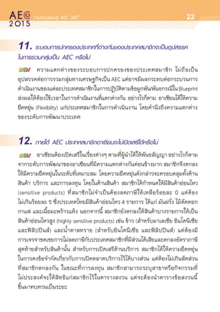 oo
22
11. ระบอบการปกครองประเทศที่ต่างกันของประเทศสมาชิกจะเป็นอุปสรรค
ในการรวมกลุ่มเป็น AEC หรือไม่
	 ความแตกต่างของระบอบการปกครองของประเทศสมาชิก ไม่ถือเป็น	
อุปสรรคต่อการรวมกลุ่มทางเศรษฐกิจเป็น AEC แต่อาจมีผลกระทบต่อกระบวนการ
ดำเนินงานของแต่ละประเทศสมาชิกในการปฏิบัติตามข้อผูกพัน/พันธกรณีในBlueprint
ส่งผลให้ต้องใช้เวลาในการดำเนินงานที่แตกต่างกัน อย่างไรก็ตาม อาเซียนได้ให้ความ	
ยืดหยุ่น (Flexibility) แก่ประเทศสมาชิกในการดำเนินงาน โดยคำนึงถึงความแตกต่าง	
ของระดับการพัฒนาประเทศ
12. ภายใต้ AEC ประเทศสมาชิกอาเซียนจะไม่เปิดเสรีได้หรือไม่
	 อาเซียนต้องเปิดเสรีในเรื่องต่างๆตามที่ผู้นำได้ให้พันธสัญญา อย่างไรก็ตาม	
จากระดับการพัฒนาของอาเซียนที่มีความแตกต่างกันค่อนข้างมาก สมาชิกจึงตกลง
ให้มีความยืดหยุ่นในระดับที่เหมาะสม โดยความยืดหยุ่นดังกล่าวจะครอบคลุมทั้งด้าน	
สินค้า บริการ และการลงทุน โดยในด้านสินค้า สมาชิกได้กำหนดให้มีสินค้าอ่อนไหว	
(sensitive products) ที่สมาชิกไม่จำเป็นต้องลดภาษีให้เหลือร้อยละ 0 แต่ต้อง	
ไม่เกินร้อยละ 5 ซึ่งประเทศไทยมีสินค้าอ่อนไหว 4 รายการ ได้แก่ มันฝรั่ง ไม้ตัดดอก
กาแฟ และเนื้อมะพร้าวแห้ง นอกจากนี้ สมาชิกยังตกลงให้สินค้าบางรายการให้เป็น
สินค้าอ่อนไหวสูง (highly sensitive products) เช่น ข้าว (สำหรับมาเลเซีย อินโดนีเซีย
และฟิลิปปินส์) และน้ำตาลทราย (สำหรับอินโดนีเซีย และฟิลิปปินส์) แต่ต้องมี	
การเจรจาชดเชยการไม่ลดภาษีกับประเทศสมาชิกที่มีส่วนได้เสียและตกลงอัตราภาษี
สุดท้ายสำหรับสินค้านั้น สำหรับการเปิดเสรีด้านบริการ สมาชิกได้ให้ความยืดหยุ่น	
ในการคงข้อจำกัดเกี่ยวกับการเปิดตลาดบริการไว้ได้บางส่วน แต่ต้องไม่เกินสัดส่วน
ที่สมาชิกตกลงกัน ในขณะที่การลงทุน สมาชิกสามารถระบุสาขาหรือกิจกรรมที่	
ไม่ประสงค์จะให้สิทธิแก่สมาชิกไว้ในตารางสงวน แต่จะต้องนำตารางข้อสงวนนี้	
ขึ้นมาทบทวนเป็นระยะ
 