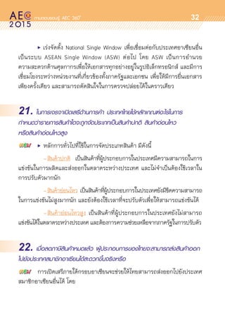 oo
32
	 • เร่งจัดตั้ง National Single Window เพื่อเชื่อมต่อกับประเทศอาเซียนอื่น
เป็นระบบ ASEAN Single Window (ASW) ต่อไป โดย ASW เป็นการอำนวย	
ความสะดวกด้านศุลกากรเพื่อให้เอกสารทุกอย่างอยู่ในรูปอิเล็กทรอนิกส์ และมีการ
เชื่อมโยงระหว่างหน่วยงานที่เกี่ยวข้องทั้งภาครัฐและเอกชน เพื่อให้มีการยื่นเอกสาร	
เพียงครั้งเดียว และสามารถตัดสินใจในการตรวจปล่อยได้ในคราวเดียว
21. ในการเจรจาเปิดเสรีด้านการค้า ประเทศไทยใช้หลักเกณฑ์อะไรในการ
กำหนดว่ารายการสินค้าใดจะถูกจัดประเภทเป็นสินค้าปกติ สินค้าอ่อนไหว
หรือสินค้าอ่อนไหวสูง
	 •	 หลักการทั่วไปที่ใช้ในการจัดประเภทสินค้า มีดังนี้
	 	 -	สินค้าปกติ เป็นสินค้าที่ผู้ประกอบการในประเทศมีความสามารถในการ	
แข่งขันในการผลิตและส่งออกในตลาดระหว่างประเทศ และไม่จำเป็นต้องใช้เวลาใน
การปรับตัวมากนัก
	 	 -	สินค้าอ่อนไหว เป็นสินค้าที่ผู้ประกอบการในประเทศยังมีขีดความสามารถ	
ในการแข่งขันไม่สูงมากนัก และยังต้องใช้เวลาที่จะปรับตัวเพื่อให้สามารถแข่งขันได้
		 -	สินค้าอ่อนไหวสูง เป็นสินค้าที่ผู้ประกอบการในประเทศยังไม่สามารถ	
แข่งขันได้ในตลาดระหว่างประเทศ และต้องการความช่วยเหลือจากภาครัฐในการปรับตัว
22. เมื่อลดภาษีสินค้าหมดแล้ว ผู้ประกอบการของไทยจะสามารถส่งสินค้าออก
ไปยังประเทศสมาชิกอาเซียนได้สะดวกขึ้นจริงหรือ
	 การเปิดเสรีภายใต้กรอบอาเซียนจะช่วยให้ไทยสามารถส่งออกไปยังประเทศ	
สมาชิกอาเซียนอื่นได้ โดย
 