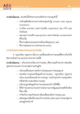 oo
64
การดำเนินงาน : ส่งเสริมให้เกิดความร่วมมือด้านการลงทุนดังนี้
	 	 	 -	 กลไกยุติข้อพิพาทระหว่างนักลงทุนกับรัฐ (investor-state dispute	
				 mechanism)
			 -	 การโอน (transfer) และการส่งคืน (repatriation) ทุน กำไร และ	
				 เงินปันผล
			 -	 ขอบเขตการเวนคืน (expropriation) และการชดเชย (compensation)	
				 ที่โปร่งใส
			 -	 ให้ความคุ้มครองและความมั่นคงเต็มรูปแบบ; และ
			 -	 ให้การชดเชยจากการเกิดจลาจล (strike)
การอำนวยความสะดวกและความร่วมมือ
	 •	 กฎระเบียบ กฎหมาย นโยบาย และขั้นตอนด้านการลงทุนที่มีความโปร่งใส
มีความเป็นสากล และสามารถคาดการณ์ได้
การดำเนินงาน : ปรับประสานนโยบายการลงทุน เพื่อบรรลุเป้าหมายการส่งเสริม	
อุตสาหกรรมและการรวมกลุ่มทางเศรษฐกิจ
	 	 	 -	 ปรับปรุงขั้นตอนการขอรับการลงทุนและการขออนุญาต
			 -	 ส่งเสริมการเผยแพร่ข้อมูลด้านการลงทุน : กฎระเบียบ กฎหมาย	
				 นโยบายและขั้นตอนด้านการลงทุน รวมถึงจุดบริการลงทุนเดียว	
				 หรือสำนักงานส่งเสริมการลงทุน
			 -	 ปรับปรุงฐานข้อมูลด้านการลงทุนและบริการให้ดีขึ้น
			 -	 ให้มีการประสานงานระหว่างหน่วยงานภาครัฐและเอกชนที่เกี่ยวข้อง	
				 ให้มากขึ้น
			 -	 หารือกับภาคธุรกิจของอาเซียนเพื่อส่งเสริมการลงทุน และ
			 -	 สนับสนุนอาเซียนในกรอบกว้าง(ASEAN-Wide)และการรวมกลุ่มทาง	
				 เศรษฐกิจทวิภาคี
 