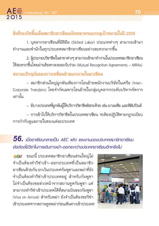 oo
70
สิ่งที่จะเกิดขึ้นเมื่อสมาชิกอาเซียนเปิดตลาดจนบรรลุเป้าหมายในปี 2558
	 1.	บุคลากรอาเซียนที่มีฝีมือ (Skilled Labor) ประเภทต่างๆ สามารถเข้ามา	
ทำงานและพำนักในทุกประเทศสมาชิกอาเซียนอย่างสะดวกมากขึ้น
	 2.	ผู้ประกอบวิชาชีพในสาขาต่างๆสามารถเข้ามาทำงานในประเทศสมาชิกอาเซียน
ได้สะดวกขึ้นโดยผ่านข้อตกลงยอมรับร่วม (Mutual Recognition Agreements - MRAs)
สถานะปัจจุบันของการเคลื่อนย้ายแรงงานในอาเซียน
	 -	สมาชิกส่วนใหญ่ผูกพันเพียงการโอนย้ายพนักงานบริษัทในเครือ (Inter-	
Corporate Transfers) โดยจำกัดเฉพาะโอนย้ายในกลุ่มบุคลากรระดับบริหารจัดการ
เท่านั้น
	 -	 มีบางประเทศที่ผูกพันผู้ให้บริการวิชาชีพอิสระด้วย เช่น มาเลเซีย และฟิลิปปินส์
	 -	การเข้าไปให้บริการวิชาชีพในประเทศอาเซียน จะต้องปฏิบัติตามกฎระเบียบ	
การกำกับดูแลภายในของแต่ละประเทศ
56. เมื่ออาเซียนกลายเป็น AEC แล้ว แรงงานของประเทศสมาชิกอาเซียน
ยังต้องใช้วีซ่าในการเดินทางเข้า-ออกระหว่างประเทศอาเซียนอีกหรือไม่
	 ขณะนี้ ประเทศสมาชิกอาเซียนส่วนใหญ่ไม่	
จำเป็นต้องทำวีซ่าเข้า-ออกประเทศที่เป็นสมาชิก	
อาเซียนด้วยกัน ยกเว้นประเทศกัมพูชาและพม่าที่ยัง
จำเป็นต้องทำวีซ่าเข้าประเทศอยู่ สำหรับกัมพูชา	
ไม่จำเป็นต้องขอล่วงหน้าจากสถานทูตกัมพูชา แต่	
สามารถทำวีซ่าเข้าประเทศได้ที่สนามบินของกัมพูชา
(Visa on Arrival) สำหรับพม่า ยังจำเป็นต้องขอวีซ่า	
เข้าประเทศจากสถานทูตพม่าก่อนเดินทางเข้าประเทศ	
 