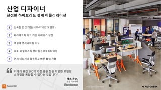 산업 디자이너
진정한 하이브리드 설계 어플리케이션
Image courtesy of Steelcase
신속한 컨셉 개발(서브-디비전 모델링)
1
파라메트릭 커브 기반 서페이스 생성
2
역설계 엔지니어링 도구
3
포토-리얼리스틱 렌더링 & 프로토타이핑
4
언제 어디서나 접속하고 빠른 협업 진행
5
매트 존슨,
산업 디자이너
저에게 퓨전 360의 가장 좋은 점은 다양한 모델링
스타일을 통합할 수 있다는 것입니다.”
 