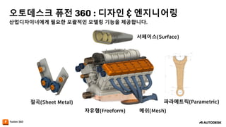 산업디자이너에게 필요한 포괄적인 모델링 기능을 제공합니다.
오토데스크 퓨전 360 : 디자인 & 엔지니어링
서페이스(Surface)
파라메트릭(Parametric)
자유형(Freeform)
절곡(Sheet Metal)
메쉬(Mesh)
 