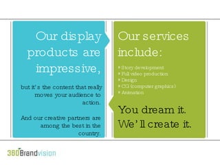 Our display products are impressive, but it’s the content that really moves your audience to action. And our creative partners are among the best in the country. Our services include: Story development Full video production Design CG (computer graphics) Animation You dream it. We’ll create it. 