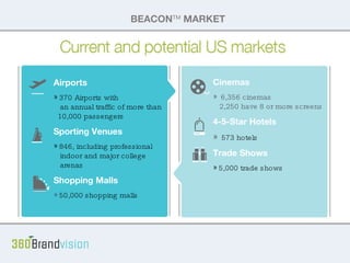 Current and potential markets Pull from brief BEACON TM  MARKET Airports 370 Airports with    an annual traffic of more than   10,000 passengers Sporting Venues 846, including professional    indoor and major college    arenas Shopping Malls 50,000 shopping malls Cinemas 6,356 cinemas   2,250 have 8 or more screens 4-5-Star Hotels 573 hotels Trade Shows 5,000 trade shows BEACON TM  MARKET 