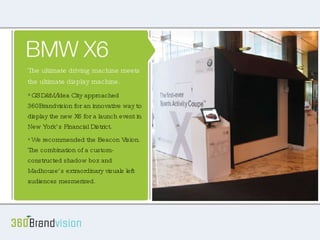 BMW X6 The ultimate driving machine meets the ultimate display machine. GSD&M/Idea City approached 360Brandvision for an innovative way to display the new X6 for a launch event in New York’s Financial District.  We recommended the Beacon Vision. The combination of a custom-constructed shadow box and Madhouse’s extraordinary visuals left audiences mesmerized. 