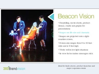 Beacon Vision Ideal for tradeshows, corporate events and retail environments, but can be used in virtually any scenario Storytelling, movie shorts, product demos, information and motion graphics It’s a cinematic format Images are lifesize Images are projected onto light sensitive screen Screen size ranges from 8 feet to 30 feet in width and 9 feet high Works well in low light situations In short, its stopping power is impressive and makes your message even more captivating Storytelling, movie shorts, product demos, charts and graphs for presentations Images are life-size and cinematic. Images are projected onto a light- sensitive screen. Screen size ranges from 8 to 30 feet wide and is 9 feet high. Works well in low-light situations Its wow factor makes messages stick. Ideal for trade shows, product launches and major corporate events  