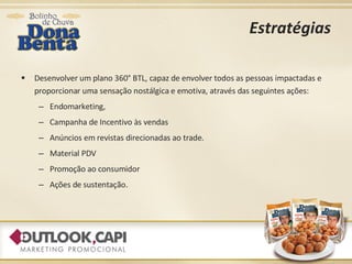 Estratégias Desenvolver um plano 360° BTL, capaz de envolver todos as pessoas impactadas e  proporcionar uma sensação nostálgica e emotiva, através das seguintes ações: Endomarketing,  Campanha de Incentivo às vendas Anúncios em revistas direcionadas ao trade. Material PDV Promoção ao consumidor Ações de sustentação. 