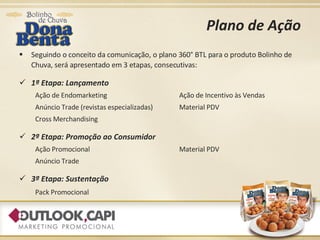 Plano de Ação Seguindo o conceito da comunicação, o plano 360° BTL para o produto Bolinho de Chuva, será apresentado em 3 etapas, consecutivas: 1ª Etapa: Lançamento Ação de Endomarketing Ação de Incentivo às Vendas Anúncio Trade (revistas especializadas) Material PDV Cross Merchandising  2ª Etapa: Promoção ao Consumidor Ação Promocional Material PDV Anúncio Trade 3ª Etapa: Sustentação Pack Promocional 