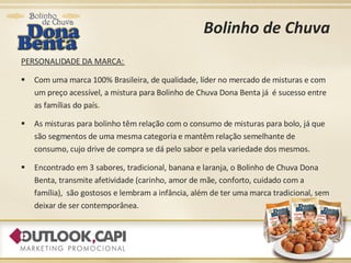 Bolinho de Chuva PERSONALIDADE DA MARCA:  Com uma marca 100% Brasileira, de qualidade, líder no mercado de misturas e com um preço acessível, a mistura para Bolinho de Chuva Dona Benta já  é sucesso entre as famílias do país. As misturas para bolinho têm relação com o consumo de misturas para bolo, já que são segmentos de uma mesma categoria e mantêm relação semelhante de consumo, cujo drive de compra se dá pelo sabor e pela variedade dos mesmos.  Encontrado em 3 sabores, tradicional, banana e laranja, o Bolinho de Chuva Dona Benta, transmite afetividade (carinho, amor de mãe, conforto, cuidado com a família),  são gostosos e lembram a infância, além de ter uma marca tradicional, sem deixar de ser contemporânea. 
