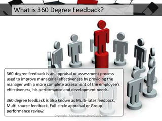 What is 360 Degree Feedback?

360-degree feedback is an appraisal or assessment process
used to improve managerial effectiveness by providing the
manager with a more complete assessment of the employee’s
effectiveness, his performance and development needs.
360 degree feedback is also known as Multi-rater feedback,
Multi-source feedback, Full-circle appraisal or Group
performance review.
Copyright - ManagementStudyGuide.com

 