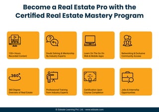 Become a Real Estate Pro with the
Certiﬁed Real Estate Mastery Program
360 Degree
Overview of Real Estate
© Edstate Learning Pvt. Ltd. - www.edstate.com
150+ Hours
Recorded Content
Professional Training
from Industry Experts
Doubt Solving & Mentorship
By Industry Experts
Certiﬁcation Upon
Course Completion
Learn On The Go On
Web & Mobile Apps
Jobs & Internship
Opportunities
Networking & Exclusive
Community Access
 
