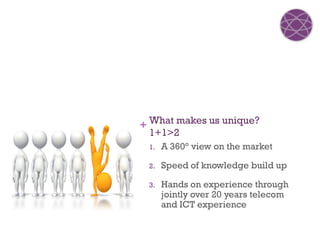 + What makes us unique?
  1+1>2
 1.   A 360° view on the market

 2.   Speed of knowledge build up

 3.   Hands on experience through
      jointly over 20 years telecom
      and ICT experience
 
