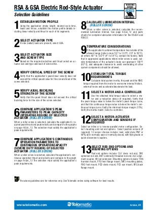 RSA  GSA Electric Rod-Style Actuator 
ON-LINE SIZING  
SELECTION AT 
WWW.TOLOMATIC.COM 
ACTUATOR 
Selection Guidelines SIZING 
1 ESTABLISH MOTION PROFILE 
Using the application stroke length, desired cycle time, 
loads and forces, establish the motion profile details in-cluding 
linear velocity and thrust in each of its segments. 
2 SELECT ACTUATOR TYPE 
If side (radial) loads are present, select GSA. 
3 SELECT ACTUATOR SIZE 
AND SCREW TYPE 
Based on the required velocities and thrust select an ac-tuator 
size and type and lead of screw drive. 
4 VERIFY CRITICAL SPEED OF THE SCREW 
Verify that the application’s peak linear velocity does not 
exceed the critical speed value for the size and lead of the 
screw selected. 
5 VERIFY AXIAL BUCKLING 
STRENGTH OF THE SCREW 
Verify that the peak thrust does not exceed the critical 
buckling force for the size of the screw selected. 
6 COMPARE APPLICATION’S PEAK 
PARAMETERS TO PEAK CAPACITY 
(OPERATING REGION) OF SELECTED 
ACTUATOR (ROLLER SCREW) 
When a roller screw is selected, calculate the application’s re-quired 
peak thrust and peak velocity and compare to the graphs 
on page R/GSA_12. The selection must satisfy the application’s 
peak requirements. 
7COMPARE APPLICATION’S CONTINUOUS 
OPERATION PARAMETERS TO 
CONTINUOUS OPERATION CAPACITY 
(SEVERE DUTY REGION) OF SELECTED 
ACTUATOR (ROLLER SCREW) 
When a roller screw is selected, calculate the application’s con-tinuous 
operation thrust and velocity and compare to the graph 
on page R/GSA_12 The selection must satisfy the application’s 
peak requirements. 
8CALCULATE LUBRICATION INTERVAL 
(ROLLER SCREW) 
When a roller screw is selected, calculate the recom-mended 
lubrication interval. See page R/GSA_12 and parts 
sheets for complete lubrication information for the RSA24 and 
RSA32. 
9 TEMPERATURE CONSIDERATIONS 
If the application’s ambient temperature lies outside of the 
allowed range [roller screw: 50° to 122°F, (10° to 50°C), 
all others 40° to 130°F (4° to 54°C), contact the factory. Note 
that in aggressive applications where roller screw is used, out-side 
temperature of the actuator’s body can approach 180°F 
(82°C), and adequate clearance to avoid overheating of other 
system components should be allowed. 
10 ESTABLISH TOTAL TORQUE 
REQUIREMENTS 
Calculate total system inertia, the peak and the RMS 
torque required from the motor to overcome internal friction, 
external forces and accelerate/decelerate the load. 
11 SELECT A MOTOR AND A CONTROLLER 
Use the obtained total torque value to select a mo-tor 
and a reduction device (if required). Verify that 
the peak torque value is below the motor’s peak torque curve, 
and that the continuous torque value is below the motor’s con-tinuous 
torque curve. Verify the minimum torque margin (15%). 
Verify the inertia match. Select a controller. 
12 SELECT A MOTOR-ACTUATOR 
CONFIGURATION AND SENSORS IF 
REQUIRED 
Select an inline or a reverse-parallel motor configuration. Se-lect 
mounting and rod end options. Select position sensors (if 
required). 12 sensor choices include: reed, solid state PNP or 
NPN, all in normally open or normally closed, with flying leads or 
quick-disconnect couplers. 
13 SELECT ROD END OPTIONS AND 
MOUNTING OPTIONS 
Rod end options include: CLV clevis rod end, SRE 
spherical rod end, MET externally threaded rod end, ALC align-ment 
coupler, XR rod extension. Mounting options include: TRN 
trunnion mount, FFG front flange mount, MP2 mounting plates, 
FM2 foot mount, PCD clevis mount, PCS eye mount, BFG back 
flange mount. 
The above guidelines are for reference only. Use Tolomatic online sizing software for best results. 
www.tolomatic.com R/GSA_41 
 