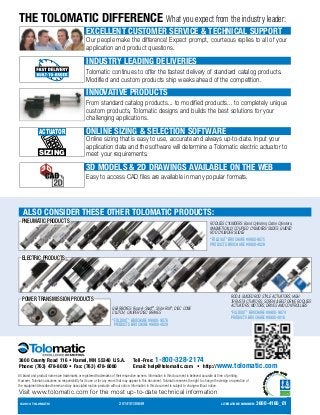 THE TOLOMATIC DIFFERENCE What you expect from the industry leader: 
EXCELLENT CUSTOMER SERVICE  TECHNICAL SUPPORT 
Our people make the difference! Expect prompt, courteous replies to all of your 
application and product questions. 
INDUSTRY LEADING DELIVERIES 
Tolomatic continues to offer the fastest delivery of standard catalog products. 
Modified and custom products ship weeks ahead of the competition. 
INNOVATIVE PRODUCTS 
From standard catalog products... to modified products... to completely unique 
custom products, Tolomatic designs and builds the best solutions for your 
challenging applications. 
ACTUATOR ONLINE SIZING  SELECTION SOFTWARE 
SIZING 
Online sizing that is easy to use, accurate and always up-to-date. Input your 
application data and the software will determine a Tolomatic electric actuator to 
meet your requirements. 
3D MODELS  2D DRAWINGS AVAILABLE ON THE WEB 
Easy to access CAD files are available in many popular formats. 
ALSO CONSIDER THESE OTHER TOLOMATIC PRODUCTS: 
PNEUMATIC PRODUCTS RODLESS CYLINDERS: Band Cylinders, Cable Cylinders, 
ELECTRIC PRODUCTS 
POWER TRANSMISSION PRODUCTS 
GEARBOXES: Float-A-Shaft®, Slide-Rite®; DISC CONE 
CLUTCH; CALIPER DISC BRAKES 
“FOLDOUT” BROCHURE #9900-9076 
PRODUCTS BROCHURE #9900-4029 
3800 County Road 116 • Hamel, MN 55340 U.S.A. 
Phone: (763) 478-8000 • Fax: (763) 478-8080 
©2014 TOLOMATIC 
MAGNETICALLY COUPLED CYLINDERS/SLIDES; GUIDED 
ROD CYLINDER SLIDES 
“FOLDOUT” BROCHURE #9900-9075 
PRODUCTS BROCHURE #9900-4028 
ROD  GUIDED ROD STYLE ACTUATORS, HIGH 
THRUST ACTUATORS, SCREW  BELT DRIVE RODLESS 
ACTUATORS, MOTORS, DRIVES AND CONTROLLERS 
“FOLDOUT” BROCHURE #9900-9074 
PRODUCTS BROCHURE #9900-4016 
Toll-Free: 1-800-328-2174 
Email: help@tolomatic.com • http://www.tolomatic.com 
8 
All brand and product names are trademarks or registered trademarks of their respective owners. Information in this document is believed accurate at time of printing. 
However, Tolomatic assumes no responsibility for its use or for any errors that may appear in this document. Tolomatic reserves the right to change the design or operation of 
the equipment described herein and any associated motion products without notice. Information in this document is subject to change without notice. 
Visit www.tolomatic.com for the most up-to-date technical information 
201410130849 LITERATURE NUMBER: 3600-4166_01 
