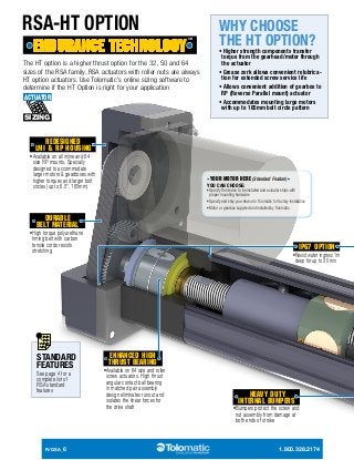 RSA-HT OPTION 
The HT option is a higher thrust option for the 32, 50 and 64 
sizes of the RSA family. RSA actuators with roller nuts are always 
HT option actuators. Use Tolomatic's online sizing software to 
determine if the HT Option is right for your application 
ENHANCED HIGH 
THRUST BEARING 
•Available on 64 size and roller 
screw actuators. High thrust 
angular contact ball bearing 
in matched pair assembly 
design eliminates runout and 
isolates the linear forces for 
the drive shaft 
ACTUATOR 
SIZING 
REDESIGNED 
LMI & RP HOUSING 
• Available on all inline and 64 
size RP mounts. Specially 
designed to accommodate 
larger motors & gearboxes with 
higher torques and larger bolt 
circles (up to 6.5", 165mm) 
DURABLE 
BELT MATERIAL 
• High torque polyurethane 
timing belt with carbon 
tensile cords resists 
stretching 
WHY CHOOSE 
THE HT OPTION? 
• Higher strength components transfer 
torque from the gearhead/motor through 
the actuator 
• Grease zerk allows convenient relubrica­tion 
for extended screw service life 
• Allows convenient addition of gearbox to 
RP (Reverse Parallel mount) actuator 
• Accommodates mounting large motors 
with up to 165mm bolt circle pattern 
STANDARD 
FEATURES 
See page 4 for a 
complete list of 
RSA standard 
features 
YOUR MOTOR HERE (Standard Feature) 
YOU CAN CHOOSE: 
• Specify the device to be installed and actuator ships with 
proper mounting hardware 
• Specify and ship your device to Tolomatic for factory installation 
• Motor or gearbox supplied and installed by Tolomatic 
IP67 OPTION 
•Resist water ingress 1m 
deep for up to 30 min 
HEAVY DUTY 
INTERNAL BUMPERS 
• Bumpers protect the screw and 
nut assembly from damage at 
both ends of stroke 
R/GSA_6 1.800.328.2174 
 