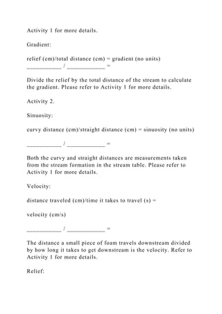 Activity 1 for more details.
Gradient:
relief (cm)/total distance (cm) = gradient (no units)
___________ / ____________ =
Divide the relief by the total distance of the stream to calculate
the gradient. Please refer to Activity 1 for more details.
Activity 2.
Sinuosity:
curvy distance (cm)/straight distance (cm) = sinuosity (no units)
___________ / ____________ =
Both the curvy and straight distances are measurements taken
from the stream formation in the stream table. Please refer to
Activity 1 for more details.
Velocity:
distance traveled (cm)/time it takes to travel (s) =
velocity (cm/s)
___________ / ____________ =
The distance a small piece of foam travels downstream divided
by how long it takes to get downstream is the velocity. Refer to
Activity 1 for more details.
Relief:
 