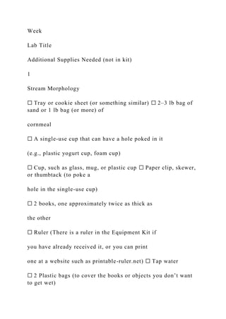 Week
Lab Title
Additional Supplies Needed (not in kit)
1
Stream Morphology
☐ Tray or cookie sheet (or something similar) ☐ 2–3 lb bag of
sand or 1 lb bag (or more) of
cornmeal
☐ A single-use cup that can have a hole poked in it
(e.g., plastic yogurt cup, foam cup)
☐ Cup, such as glass, mug, or plastic cup ☐ Paper clip, skewer,
or thumbtack (to poke a
hole in the single-use cup)
☐ 2 books, one approximately twice as thick as
the other
☐ Ruler (There is a ruler in the Equipment Kit if
you have already received it, or you can print
one at a website such as printable-ruler.net) ☐ Tap water
☐ 2 Plastic bags (to cover the books or objects you don’t want
to get wet)
 