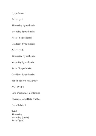 Hypotheses
Activity 1.
Sinuosity hypothesis
Velocity hypothesis:
Relief hypothesis:
Gradient hypothesis:
Activity 2.
Sinuosity hypothesis:
Velocity hypothesis:
Relief hypothesis:
Gradient hypothesis:
continued on next page
ACTIVITY
Lab Worksheet continued
Observations/Data Tables
Data Table 1.
Trial
Sinuosity
Velocity (cm/s)
Relief (cm)
 