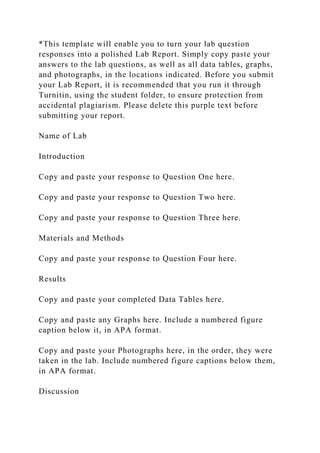 *This template will enable you to turn your lab question
responses into a polished Lab Report. Simply copy paste your
answers to the lab questions, as well as all data tables, graphs,
and photographs, in the locations indicated. Before you submit
your Lab Report, it is recommended that you run it through
Turnitin, using the student folder, to ensure protection from
accidental plagiarism. Please delete this purple text before
submitting your report.
Name of Lab
Introduction
Copy and paste your response to Question One here.
Copy and paste your response to Question Two here.
Copy and paste your response to Question Three here.
Materials and Methods
Copy and paste your response to Question Four here.
Results
Copy and paste your completed Data Tables here.
Copy and paste any Graphs here. Include a numbered figure
caption below it, in APA format.
Copy and paste your Photographs here, in the order, they were
taken in the lab. Include numbered figure captions below them,
in APA format.
Discussion
 