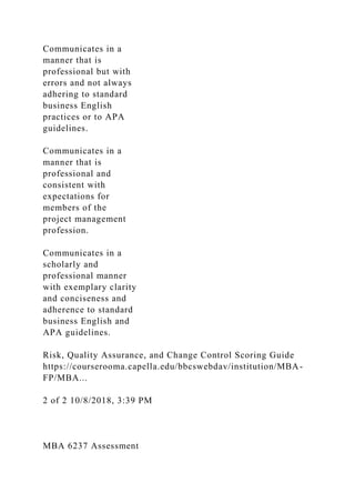 Communicates in a
manner that is
professional but with
errors and not always
adhering to standard
business English
practices or to APA
guidelines.
Communicates in a
manner that is
professional and
consistent with
expectations for
members of the
project management
profession.
Communicates in a
scholarly and
professional manner
with exemplary clarity
and conciseness and
adherence to standard
business English and
APA guidelines.
Risk, Quality Assurance, and Change Control Scoring Guide
https://courserooma.capella.edu/bbcswebdav/institution/MBA-
FP/MBA...
2 of 2 10/8/2018, 3:39 PM
MBA 6237 Assessment
 