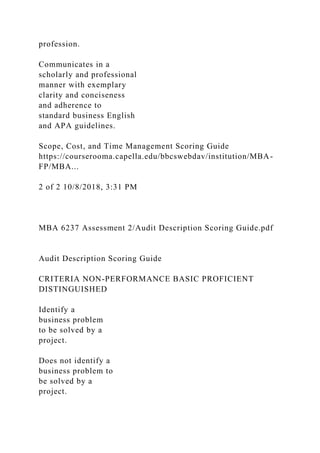 profession.
Communicates in a
scholarly and professional
manner with exemplary
clarity and conciseness
and adherence to
standard business English
and APA guidelines.
Scope, Cost, and Time Management Scoring Guide
https://courserooma.capella.edu/bbcswebdav/institution/MBA-
FP/MBA...
2 of 2 10/8/2018, 3:31 PM
MBA 6237 Assessment 2/Audit Description Scoring Guide.pdf
Audit Description Scoring Guide
CRITERIA NON-PERFORMANCE BASIC PROFICIENT
DISTINGUISHED
Identify a
business problem
to be solved by a
project.
Does not identify a
business problem to
be solved by a
project.
 