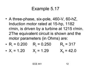 ECE 441 12
Example 5.17
• A three-phase, six-pole, 460-V, 60-hZ,
Induction motor rated at 15-hp, 1182
r/min, is driven by a turbine at 1215 r/min.
2The equivalent circuit is shown and the
motor parameters (in Ohms) are:
• R1 = 0.200 R2 = 0.250 Rfe = 317
• X1 = 1.20 X2 = 1.29 XM = 42.0
 