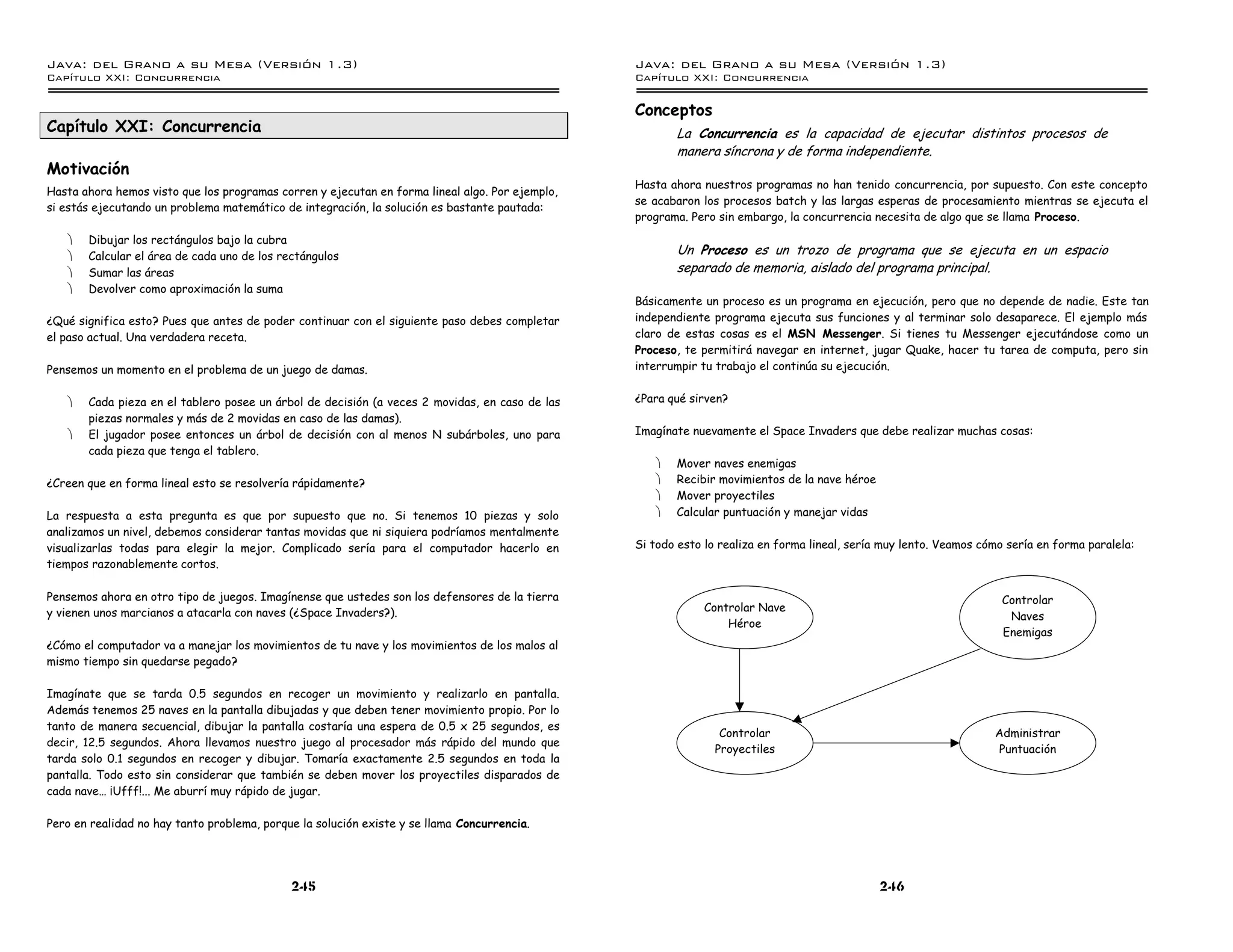 Java: del Grano a su Mesa (Versio n 1.3)                                                         Java: del Grano a su Mesa (Versio n 1.3)
Capi
   tulo XXI: Concurrencia                                                                        Capi
                                                                                                    tulo XXI: Concurrencia

                                                                                                 Conceptos
Capítulo XXI: Concurrencia                                                                              La Concurrencia es la capacidad de ejecutar distintos procesos de
                                                                                                        manera síncrona y de forma independiente.
Motivación
                                                                                                 Hasta ahora nuestros programas no han tenido concurrencia, por supuesto. Con este concepto
Hasta ahora hemos visto que los programas corren y ejecutan en forma lineal algo. Por ejemplo,
                                                                                                 se acabaron los procesos batch y las largas esperas de procesamiento mientras se ejecuta el
si estás ejecutando un problema matemático de integración, la solución es bastante pautada:
                                                                                                 programa. Pero sin embargo, la concurrencia necesita de algo que se llama Proceso.
   ·   Dibujar los rectángulos bajo la cubra
   ·   Calcular el área de cada uno de los rectángulos                                                  Un Proceso es un trozo de programa que se ejecuta en un espacio
   ·   Sumar las áreas                                                                                  separado de memoria, aislado del programa principal.
   ·   Devolver como aproximación la suma
                                                                                                 Básicamente un proceso es un programa en ejecución, pero que no depende de nadie. Este tan
¿Qué significa esto? Pues que antes de poder continuar con el siguiente paso debes completar     independiente programa ejecuta sus funciones y al terminar solo desaparece. El ejemplo más
el paso actual. Una verdadera receta.                                                            claro de estas cosas es el MSN Messenger. Si tienes tu Messenger ejecutándose como un
                                                                                                 Proceso, te permitirá navegar en internet, jugar Quake, hacer tu tarea de computa, pero sin
Pensemos un momento en el problema de un juego de damas.                                         interrumpir tu trabajo el continúa su ejecución.


   ·   Cada pieza en el tablero posee un árbol de decisión (a veces 2 movidas, en caso de las    ¿Para qué sirven?
       piezas normales y más de 2 movidas en caso de las damas).
   ·   El jugador posee entonces un árbol de decisión con al menos N subárboles, uno para        Imagínate nuevamente el Space Invaders que debe realizar muchas cosas:
       cada pieza que tenga el tablero.
                                                                                                    ·   Mover naves enemigas
¿Creen que en forma lineal esto se resolvería rápidamente?                                          ·   Recibir movimientos de la nave héroe
                                                                                                    ·   Mover proyectiles
La respuesta a esta pregunta es que por supuesto que no. Si tenemos 10 piezas y solo                ·   Calcular puntuación y manejar vidas
analizamos un nivel, debemos considerar tantas movidas que ni siquiera podríamos mentalmente
visualizarlas todas para elegir la mejor. Complicado sería para el computador hacerlo en         Si todo esto lo realiza en forma lineal, sería muy lento. Veamos cómo sería en forma paralela:
tiempos razonablemente cortos.

Pensemos ahora en otro tipo de juegos. Imagínense que ustedes son los defensores de la tierra                                                                         Controlar
y vienen unos marcianos a atacarla con naves (¿Space Invaders?).                                              Controlar Nave
                                                                                                                                                                       Naves
                                                                                                                  Héroe
                                                                                                                                                                      Enemigas
¿Cómo el computador va a manejar los movimientos de tu nave y los movimientos de los malos al
mismo tiempo sin quedarse pegado?

Imagínate que se tarda 0.5 segundos en recoger un movimiento y realizarlo en pantalla.
Además tenemos 25 naves en la pantalla dibujadas y que deben tener movimiento propio. Por lo
tanto de manera secuencial, dibujar la pantalla costaría una espera de 0.5 x 25 segundos, es
                                                                                                                 Controlar                                          Administrar
decir, 12.5 segundos. Ahora llevamos nuestro juego al procesador más rápido del mundo que
                                                                                                                Proyectiles                                         Puntuación
tarda solo 0.1 segundos en recoger y dibujar. Tomaría exactamente 2.5 segundos en toda la
pantalla. Todo esto sin considerar que también se deben mover los proyectiles disparados de
cada nave… ¡Ufff!... Me aburrí muy rápido de jugar.

Pero en realidad no hay tanto problema, porque la solución existe y se llama Concurrencia.




                                             245                                                                                               246
 