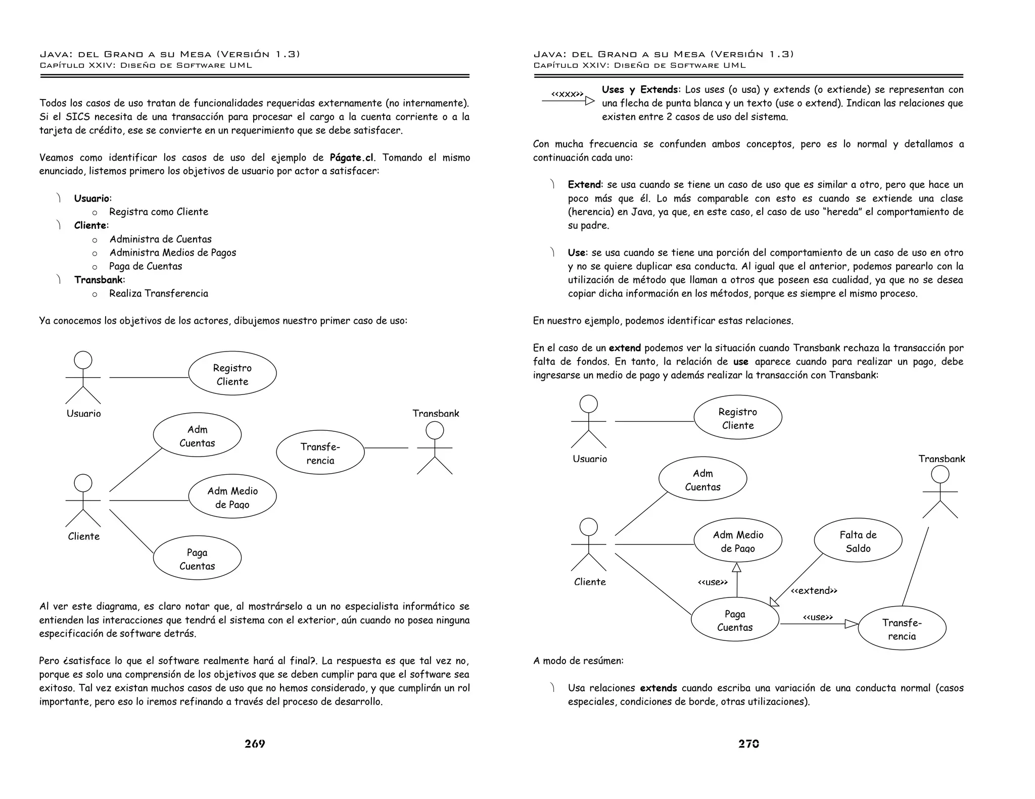 Java: del Grano a su Mesa (Versio n 1.3)                                                         Java: del Grano a su Mesa (Versio n 1.3)
Capi
   tulo XXIV: Diseno de Software UML                                                             Capi
                                                                                                    tulo XXIV: Diseno de Software UML


                                                                                                     <<xxx>>    Uses y Extends: Los uses (o usa) y extends (o extiende) se representan con
Todos los casos de uso tratan de funcionalidades requeridas externamente (no internamente).                     una flecha de punta blanca y un texto (use o extend). Indican las relaciones que
Si el SICS necesita de una transacción para procesar el cargo a la cuenta corriente o a la                      existen entre 2 casos de uso del sistema.
tarjeta de crédito, ese se convierte en un requerimiento que se debe satisfacer.
                                                                                                 Con mucha frecuencia se confunden ambos conceptos, pero es lo normal y detallamos a
Veamos como identificar los casos de uso del ejemplo de Págate.cl. Tomando el mismo              continuación cada uno:
enunciado, listemos primero los objetivos de usuario por actor a satisfacer:
                                                                                                    ·   Extend: se usa cuando se tiene un caso de uso que es similar a otro, pero que hace un
   ·    Usuario:                                                                                        poco más que él. Lo más comparable con esto es cuando se extiende una clase
            o Registra como Cliente                                                                     (herencia) en Java, ya que, en este caso, el caso de uso “hereda” el comportamiento de
   ·    Cliente:                                                                                        su padre.
            o Administra de Cuentas
            o Administra Medios de Pagos                                                            ·   Use: se usa cuando se tiene una porción del comportamiento de un caso de uso en otro
            o Paga de Cuentas                                                                           y no se quiere duplicar esa conducta. Al igual que el anterior, podemos parearlo con la
   ·    Transbank:                                                                                      utilización de método que llaman a otros que poseen esa cualidad, ya que no se desea
            o Realiza Transferencia                                                                     copiar dicha información en los métodos, porque es siempre el mismo proceso.

Ya conocemos los objetivos de los actores, dibujemos nuestro primer caso de uso:                 En nuestro ejemplo, podemos identificar estas relaciones.

                                                                                                 En el caso de un extend podemos ver la situación cuando Transbank rechaza la transacción por
                                                                                                 falta de fondos. En tanto, la relación de use aparece cuando para realizar un pago, debe
                                      Registro
                                                                                                 ingresarse un medio de pago y además realizar la transacción con Transbank:
                                       Cliente


       Usuario                                                                     Transbank                                             Registro
                               Adm                                                                                                        Cliente
                              Cuentas                   Transfe-
                                                         rencia                                          Usuario                                                                         Transbank
                                                                                                                                   Adm
                                    Adm Medio                                                                                     Cuentas
                                     de Pago


       Cliente                                                                                                                          Adm Medio                      Falta de
                               Paga                                                                                                      de Pago                        Saldo
                              Cuentas
                                                                                                          Cliente                    <<use>>
                                                                                                                                                         <<extend>>
Al ver este diagrama, es claro notar que, al mostrárselo a un no especialista informático se
                                                                                                                                          Paga               <<use>>
entienden las interacciones que tendrá el sistema con el exterior, aún cuando no posea ninguna                                                                                    Transfe-
                                                                                                                                         Cuentas
especificación de software detrás.                                                                                                                                                 rencia

Pero ¿satisface lo que el software realmente hará al final?. La respuesta es que tal vez no,     A modo de resúmen:
porque es solo una comprensión de los objetivos que se deben cumplir para que el software sea
exitoso. Tal vez existan muchos casos de uso que no hemos considerado, y que cumplirán un rol       ·   Usa relaciones extends cuando escriba una variación de una conducta normal (casos
importante, pero eso lo iremos refinando a través del proceso de desarrollo.                            especiales, condiciones de borde, otras utilizaciones).



                                            269                                                                                                270
 