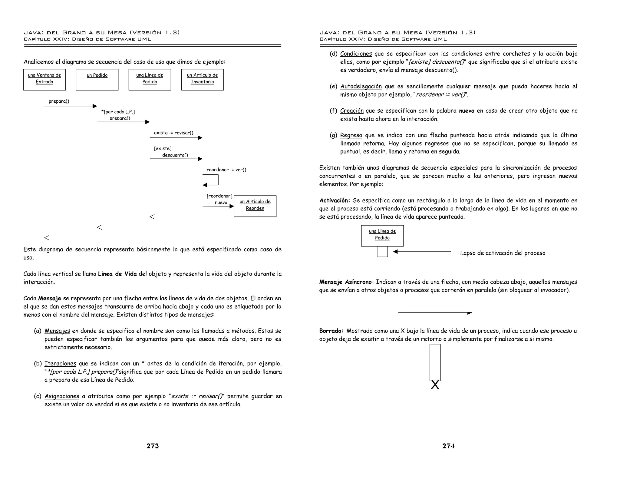 Java: del Grano a su Mesa (Versio n 1.3)                                                                      Java: del Grano a su Mesa (Versio n 1.3)
Capi
   tulo XXIV: Diseno de Software UML                                                                          Capi
                                                                                                                 tulo XXIV: Diseno de Software UML

                                                                                                                 (d) Condiciones que se especifican con las condiciones entre corchetes y la acción bajo
Analicemos el diagrama se secuencia del caso de uso que dimos de ejemplo:                                            ellas, como por ejemplo “[existe] descuenta() ” que significaba que si el atributo existe
                                                                                                                     es verdadero, envía el mensaje descuenta().
 una Ventana de        un Pedido                una Línea de          un Artículo de
    Entrada                                        Pedido               Inventario
                                                                                                                 (e) Autodelegación que es sencillamente cualquier mensaje que pueda hacerse hacia el
                                                                                                                     mismo objeto por ejemplo, “ reordenar := ver() ”.
         prepara()

                             *[por cada L.P.]                                                                    (f) Creación que se especifican con la palabra nuevo en caso de crear otro objeto que no
                                 prepara()                                                                           exista hasta ahora en la interacción.

                                                       existe := revisar()
                                                                                                                 (g) Regreso que se indica con una flecha punteada hacia atrás indicando que la última
                                                                                                                     llamada retorna. Hay algunos regresos que no se especifican, porque su llamada es
                                                       [existe]
                                                                                                                     puntual, es decir, llama y retorna en seguida.
                                                           descuenta()


                                                                              reordenar := ver()              Existen también unos diagramas de secuencia especiales para la sincronización de procesos
                                                                                                              concurrentes o en paralelo, que se parecen mucho a los anteriores, pero ingresan nuevos
                                                                                                              elementos. Por ejemplo:
                                                                              [reordenar]
                                                                                  nuevo      un Artículo de   Activación: Se especifica como un rectángulo a lo largo de la línea de vida en el momento en
                                                                                                Reorden       que el proceso está corriendo (está procesando o trabajando en algo). En los lugares en que no
                                                                                                              se está procesando, la línea de vida aparece punteada.

                                                                                                                                una Línea de
                                                                                                                                   Pedido

Este diagrama de secuencia representa básicamente lo que está especificado como caso de
                                                                                                                                                                  Lapso de activación del proceso
uso.

Cada línea vertical se llama Linea de Vida del objeto y representa la vida del objeto durante la
interacción.                                                                                                  Mensaje Asíncrono: Indican a través de una flecha, con media cabeza abajo, aquellos mensajes
                                                                                                              que se envían a otros objetos o procesos que correrán en paralelo (sin bloquear al invocador).
Cada Mensaje se representa por una flecha entre las líneas de vida de dos objetos. El orden en
el que se dan estos mensajes transcurre de arriba hacia abajo y cada uno es etiquetado por lo
menos con el nombre del mensaje. Existen distintos tipos de mensajes:

   (a) Mensajes en donde se especifica el nombre son como las llamadas a métodos. Estos se                    Borrado: Mostrado como una X bajo la línea de vida de un proceso, indica cuando ese proceso u
       pueden especificar también los argumentos para que quede más claro, pero no es                         objeto deja de existir a través de un retorno o simplemente por finalizarse a si mismo.
       estrictamente necesario.

   (b) Iteraciones que se indican con un * antes de la condición de iteración, por ejemplo,
       “*[por cada L.P.] prepara() ”significa que por cada Línea de Pedido en un pedido llamara
       a prepara de esa Línea de Pedido.
                                                                                                                                                      X
   (c) Asignaciones a atributos como por ejemplo “existe := revisar() ” permite guardar en
       existe un valor de verdad si es que existe o no inventario de ese artículo.




                                                    273                                                                                                    274
 