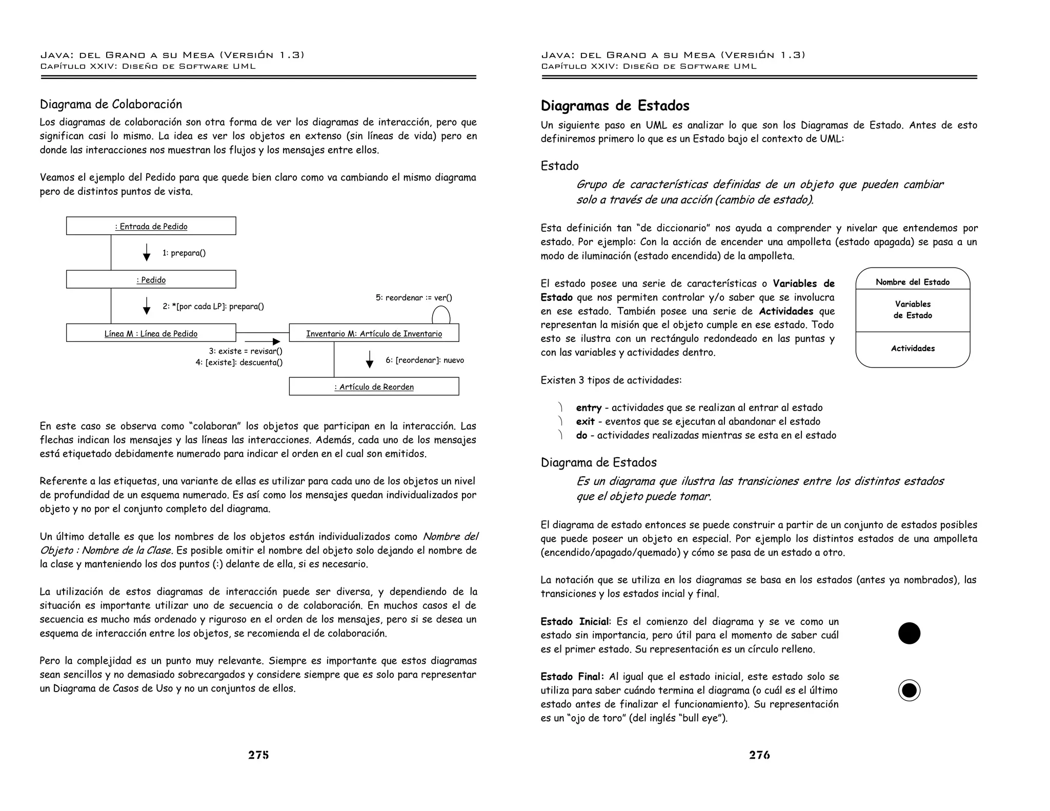 Java: del Grano a su Mesa (Versio n 1.3)                                                                       Java: del Grano a su Mesa (Versio n 1.3)
Capi
   tulo XXIV: Diseno de Software UML                                                                           Capi
                                                                                                                  tulo XXIV: Diseno de Software UML


Diagrama de Colaboración                                                                                       Diagramas de Estados
Los diagramas de colaboración son otra forma de ver los diagramas de interacción, pero que                     Un siguiente paso en UML es analizar lo que son los Diagramas de Estado. Antes de esto
significan casi lo mismo. La idea es ver los objetos en extenso (sin líneas de vida) pero en                   definiremos primero lo que es un Estado bajo el contexto de UML:
donde las interacciones nos muestran los flujos y los mensajes entre ellos.
                                                                                                               Estado
Veamos el ejemplo del Pedido para que quede bien claro como va cambiando el mismo diagrama
                                                                                                                      Grupo de características definidas de un objeto que pueden cambiar
pero de distintos puntos de vista.
                                                                                                                      solo a través de una acción (cambio de estado).

                : Entrada de Pedido                                                                            Esta definición tan “de diccionario” nos ayuda a comprender y nivelar que entendemos por
                                                                                                               estado. Por ejemplo: Con la acción de encender una ampolleta (estado apagada) se pasa a un
                             1: prepara()                                                                      modo de iluminación (estado encendida) de la ampolleta.

                      : Pedido
                                                                                                               El estado posee una serie de características o Variables de            Nombre del Estado
                                                                                    5: reordenar := ver()      Estado que nos permiten controlar y/o saber que se involucra
                             2: *[por cada LP]: prepara()                                                                                                                                 Variables
                                                                                                               en ese estado. También posee una serie de Actividades que                  de Estado
                                                                                                               representan la misión que el objeto cumple en ese estado. Todo
              Línea M : Línea de Pedido                           Inventario M: Artículo de Inventario
                                                                                                               esto se ilustra con un rectángulo redondeado en las puntas y
                                                                                                                                                                                         Actividades
                                          3: existe = revisar()                                                con las variables y actividades dentro.
                                      4: [existe]: descuenta()                         6: [reordenar]: nuevo

                                                                                                               Existen 3 tipos de actividades:
                                                                         : Artículo de Reorden

                                                                                                                  ·   entry - actividades que se realizan al entrar al estado
En este caso se observa como “colaboran” los objetos que participan en la interacción. Las                        ·   exit - eventos que se ejecutan al abandonar el estado
flechas indican los mensajes y las líneas las interacciones. Además, cada uno de los mensajes                     ·   do - actividades realizadas mientras se esta en el estado
está etiquetado debidamente numerado para indicar el orden en el cual son emitidos.
                                                                                                               Diagrama de Estados
Referente a las etiquetas, una variante de ellas es utilizar para cada uno de los objetos un nivel                    Es un diagrama que ilustra las transiciones entre los distintos estados
de profundidad de un esquema numerado. Es así como los mensajes quedan individualizados por                           que el objeto puede tomar.
objeto y no por el conjunto completo del diagrama.
                                                                                                               El diagrama de estado entonces se puede construir a partir de un conjunto de estados posibles
Un último detalle es que los nombres de los objetos están individualizados como Nombre del                     que puede poseer un objeto en especial. Por ejemplo los distintos estados de una ampolleta
Objeto : Nombre de la Clase . Es posible omitir el nombre del objeto solo dejando el nombre de                 (encendido/apagado/quemado) y cómo se pasa de un estado a otro.
la clase y manteniendo los dos puntos (:) delante de ella, si es necesario.
                                                                                                               La notación que se utiliza en los diagramas se basa en los estados (antes ya nombrados), las
La utilización de estos diagramas de interacción puede ser diversa, y dependiendo de la                        transiciones y los estados incial y final.
situación es importante utilizar uno de secuencia o de colaboración. En muchos casos el de
secuencia es mucho más ordenado y riguroso en el orden de los mensajes, pero si se desea un                    Estado Inicial: Es el comienzo del diagrama y se ve como un
esquema de interacción entre los objetos, se recomienda el de colaboración.                                    estado sin importancia, pero útil para el momento de saber cuál
                                                                                                               es el primer estado. Su representación es un círculo relleno.
Pero la complejidad es un punto muy relevante. Siempre es importante que estos diagramas
sean sencillos y no demasiado sobrecargados y considere siempre que es solo para representar                   Estado Final: Al igual que el estado inicial, este estado solo se
un Diagrama de Casos de Uso y no un conjuntos de ellos.                                                        utiliza para saber cuándo termina el diagrama (o cuál es el último
                                                                                                               estado antes de finalizar el funcionamiento). Su representación
                                                                                                               es un “ojo de toro” (del inglés “bull eye”).


                                                     275                                                                                                     276
 