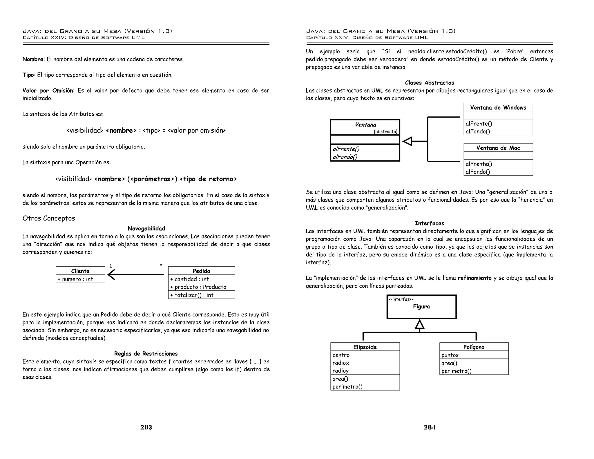 Java: del Grano a su Mesa (Versio n 1.3)                                                            Java: del Grano a su Mesa (Versio n 1.3)
Capi
   tulo XXIV: Diseno de Software UML                                                                Capi
                                                                                                       tulo XXIV: Diseno de Software UML

                                                                                                    Un ejemplo sería que “Si el pedido.cliente.estadoCrédito() es ‘Pobre’ entonces
Nombre: El nombre del elemento es una cadena de caracteres.                                         pedido.prepagado debe ser verdadero” en donde estadoCrédito() es un método de Cliente y
                                                                                                    prepagado es una variable de instancia.
Tipo: El tipo corresponde al tipo del elemento en cuestión.
                                                                                                                                           Clases Abstractas
Valor por Omisión: Es el valor por defecto que debe tener ese elemento en caso de ser               Las clases abstractas en UML se representan por dibujos rectangulares igual que en el caso de
inicializado.                                                                                       las clases, pero cuyo texto es en cursivas:
                                                                                                                                                                      Ventana de Windows
La sintaxis de los Atributos es:
                                                                                                                      Ventana                                        alFrente()
                 <visibilidad> <nombre> : <tipo> = <valor por omisión>                                                       {abstracto}                             alFondo()

siendo solo el nombre un parámetro obligatorio.                                                               alFrente()                                                 Ventana de Mac
                                                                                                              alFondo()
La sintaxis para una Operación es:                                                                                                                                   alFrente()
                                                                                                                                                                     alFondo()
             <visibilidad> <nombre> (<parámetros>) <tipo de retorno>
                                                                                                    Se utiliza una clase abstracta al igual como se definen en Java: Una “generalización” de una o
siendo el nombre, los parámetros y el tipo de retorno los obligatorios. En el caso de la sintaxis
                                                                                                    más clases que comparten algunos atributos o funcionalidades. Es por eso que la “herencia” en
de los parámetros, estos se representan de la misma manera que los atributos de una clase.
                                                                                                    UML es conocida como “generalización”.
Otros Conceptos
                                                                                                                                              Interfaces
                                          Navegabilidad                                             Las interfaces en UML también representan directamente lo que significan en los lenguajes de
La navegabilidad se aplica en torno a lo que son las asociaciones. Las asociaciones pueden tener    programación como Java: Una caparazón en la cual se encapsulan las funcionalidades de un
una “dirección” que nos indica qué objetos tienen la responsabilidad de decir a que clases          grupo o tipo de clase. También es conocido como tipo, ya que los objetos que se instancias son
corresponden y quienes no:                                                                          del tipo de la interfaz, pero su enlace dinámico es a una clase específica (que implementa la
                                                                                                    interfaz).
                                   1                 *
                  Cliente                                          Pedido
             + numero : int                               + cantidad : int                          La “implementación” de las interfaces en UML se le llama refinamiento y se dibuja igual que la
                                                          + producto : Producto                     generalización, pero con líneas punteadas.
                                                          + totalizar() : int
                                                                                                                                    <<interfaz>>
                                                                                                                                                   Figura
En este ejemplo indica que un Pedido debe de decir a qué Cliente corresponde. Esto es muy útil
para la implementación, porque nos indicará en donde declararemos las instancias de la clase
asociada. Sin embargo, no es necesario especificarlas, ya que eso indicaría una navegabilidad no
definida (modelos conceptuales).
                                                                                                                     Elipsoide                                      Polígono
                                    Reglas de Restricciones                                                   centro                                        puntos
Este elemento, cuya sintaxis se especifica como textos flotantes encerrados en llaves { ... } en              radiox                                        area()
torno a las clases, nos indican afirmaciones que deben cumplirse (algo como los if) dentro de                 radioy                                        perimetro()
esas clases.                                                                                                  area()
                                                                                                              perimetro()




                                              283                                                                                                     284
 
