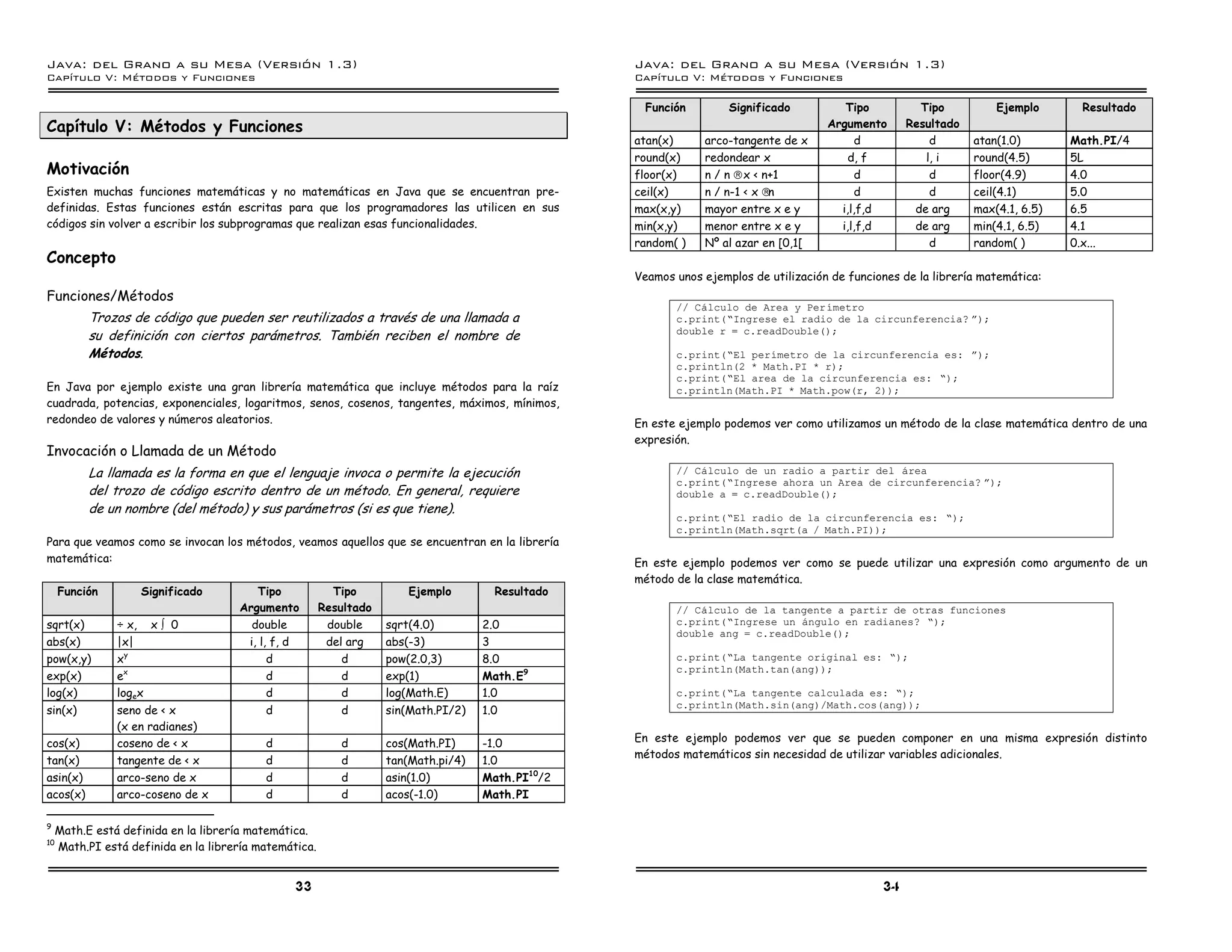 Java: del Grano a su Mesa (Versio n 1.3)                                                           Java: del Grano a su Mesa (Versio n 1.3)
Capi
   tulo V: Me todos y Funciones                                                                    Capi
                                                                                                      tulo V: Me todos y Funciones

                                                                                                    Función         Significado          Tipo          Tipo          Ejemplo      Resultado
Capítulo V: Métodos y Funciones                                                                                                       Argumento      Resultado
                                                                                                   atan(x)     arco-tangente de x          d             d       atan(1.0)       Math.PI/4
                                                                                                   round(x)    redondear x                d, f          l, i     round(4.5)      5L
Motivación                                                                                         floor(x)    n / n £ x < n+1             d             d       floor(4.9)      4.0
Existen muchas funciones matemáticas y no matemáticas en Java que se encuentran pre-               ceil(x)     n / n-1 < x £n              d             d       ceil(4.1)       5.0
definidas. Estas funciones están escritas para que los programadores las utilicen en sus           max(x,y)    mayor entre x e y        i,l,f,d       de arg     max(4.1, 6.5)   6.5
códigos sin volver a escribir los subprogramas que realizan esas funcionalidades.                  min(x,y)    menor entre x e y        i,l,f,d       de arg     min(4.1, 6.5)   4.1
                                                                                                   random( )   Nº al azar en [0,1[                       d       random( )       0.x...
Concepto
                                                                                                   Veamos unos ejemplos de utilización de funciones de la librería matemática:
Funciones/Métodos
                                                                                                          // Calculo de Area y Perımetro
           Trozos de código que pueden ser reutilizados a través de una llamada a                         c.print(”Ingrese el radio de la circunferencia? á);
           su definición con ciertos parámetros. También reciben el nombre de                             double r = c.readDouble();

           Métodos.                                                                                       c.print(”El perımetro de la circunferencia es: á);
                                                                                                          c.println(2 * Math.PI * r);
                                                                                                          c.print(”El area de la circunferencia es: ”);
En Java por ejemplo existe una gran librería matemática que incluye métodos para la raíz                  c.println(Math.PI * Math.pow(r, 2));
cuadrada, potencias, exponenciales, logaritmos, senos, cosenos, tangentes, máximos, mínimos,
redondeo de valores y números aleatorios.                                                          En este ejemplo podemos ver como utilizamos un método de la clase matemática dentro de una
                                                                                                   expresión.
Invocación o Llamada de un Método
           La llamada es la forma en que el lenguaje invoca o permite la ejecución                        // Calculo de un radio a partir del area
                                                                                                          c.print(”Ingrese ahora un Area de circunferencia? á);
           del trozo de código escrito dentro de un método. En general, requiere                          double a = c.readDouble();
           de un nombre (del método) y sus parámetros (si es que tiene).
                                                                                                          c.print(”El radio de la circunferencia es: ”);
                                                                                                          c.println(Math.sqrt(a / Math.PI));
Para que veamos como se invocan los métodos, veamos aquellos que se encuentran en la librería
matemática:                                                                                        En este ejemplo podemos ver como se puede utilizar una expresión como argumento de un
                                                                                                   método de la clase matemática.
     Función        Significado          Tipo             Tipo          Ejemplo       Resultado
                                      Argumento         Resultado                                         // Calculo de la tangente a partir de otras funciones
sqrt(x)         Ö x, x ³ 0              double           double     sqrt(4.0)        2.0                  c.print(”Ingrese un angulo en radianes? ”);
                                                                                                          double ang = c.readDouble();
abs(x)          |x|                    i, l, f, d        del arg    abs(-3)          3
pow(x,y)        xy                          d               d       pow(2.0,3)       8.0                  c.print(”La tangente original es: ”);
                                                                                                          c.println(Math.tan(ang));
exp(x)          ex                          d               d       exp(1)           Math.E9
log(x)          logex                       d               d       log(Math.E)      1.0                  c.print(”La tangente calculada es: ”);
                                                                                                          c.println(Math.sin(ang)/Math.cos(ang));
sin(x)          seno de < x                 d               d       sin(Math.PI/2)   1.0
                (x en radianes)
cos(x)          coseno de < x              d               d        cos(Math.PI)     -1.0          En este ejemplo podemos ver que se pueden componer en una misma expresión distinto
                                                                                                   métodos matemáticos sin necesidad de utilizar variables adicionales.
tan(x)          tangente de < x            d               d        tan(Math.pi/4)   1.0
asin(x)         arco-seno de x             d               d        asin(1.0)        Math.PI10/2
acos(x)         arco-coseno de x           d               d        acos(-1.0)       Math.PI

9
     Math.E está definida en la librería matemática.
10
     Math.PI está definida en la librería matemática.


                                                 33                                                                                             34
 